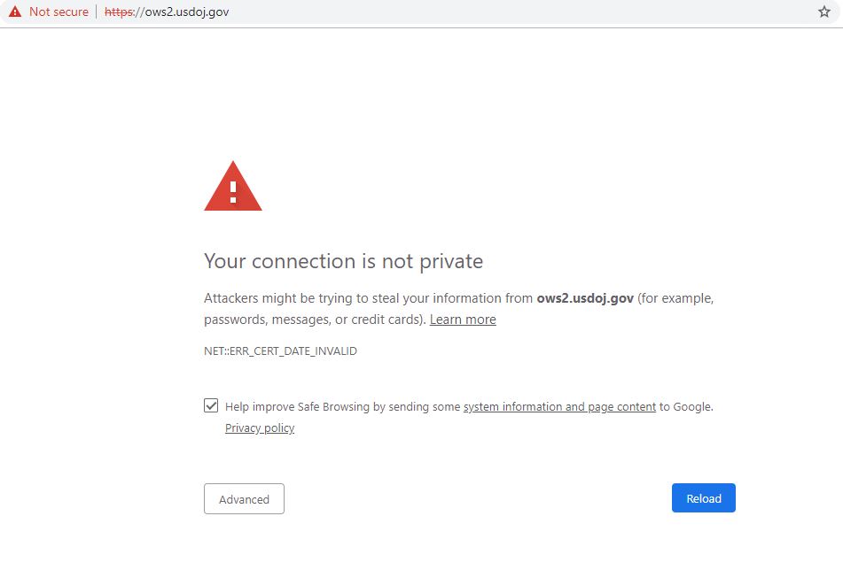 government shutdown justice department website security certificate